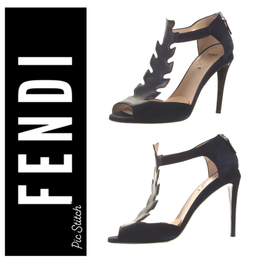 Authentic Fendi Croc-Tail T-Strap Leather Evening Sandal In Navy Leather